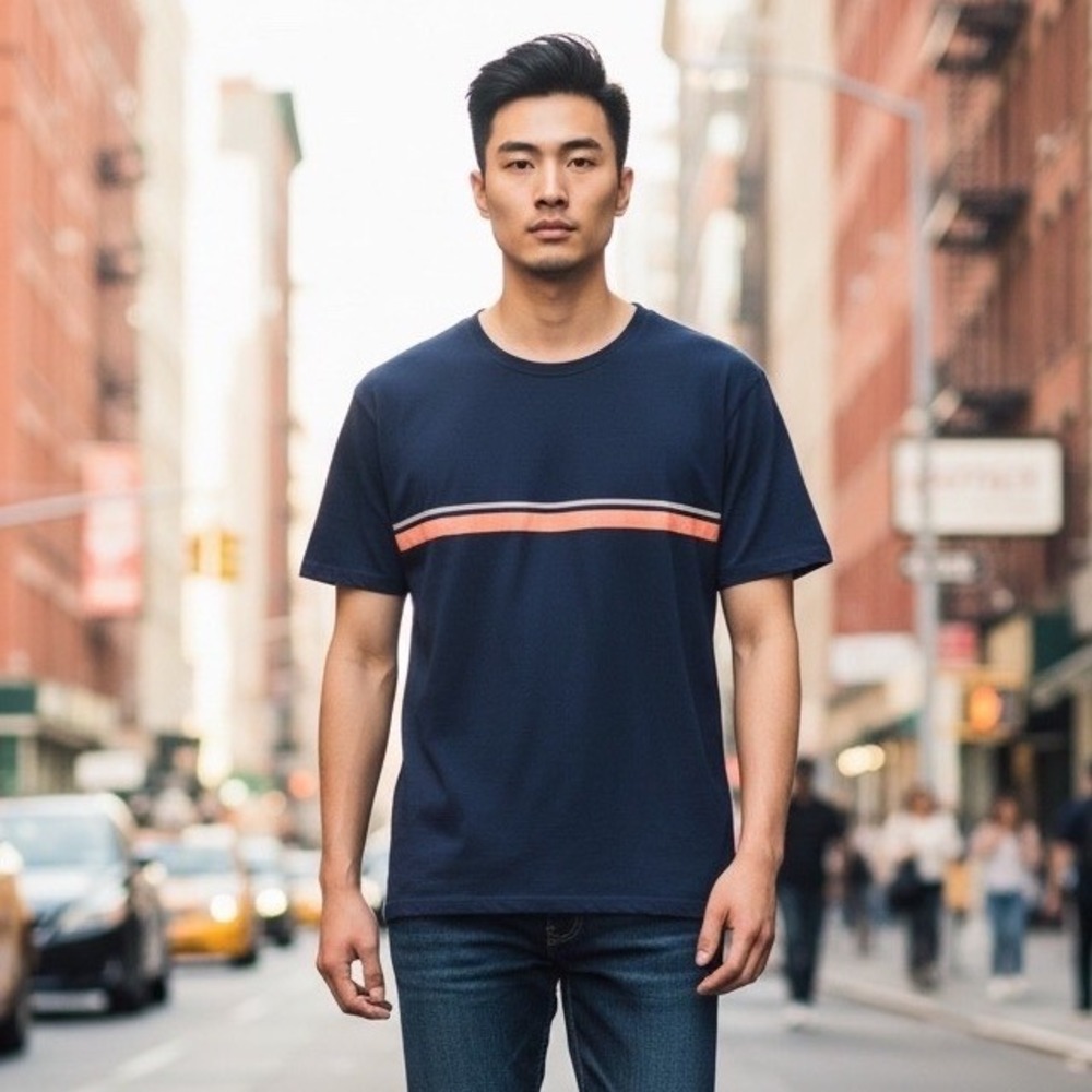 Onia Mens Navy Blue Chest Stripe Cotton Modal Short Sleeve T-Shirt Size L